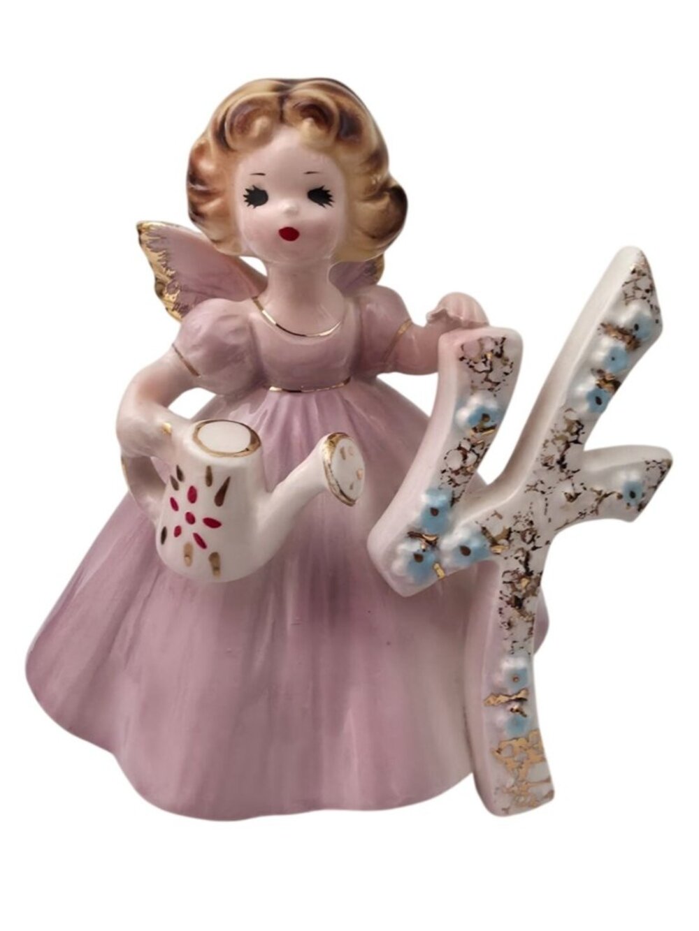 Vintage JOSEF ORIGINALS Porcelain 4th Birthday Angel Figurine Pink Dress - Japan